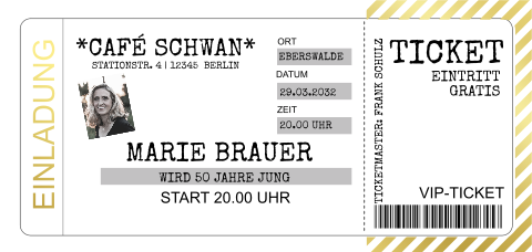 Originelle VIP Ticket Geburtstagseinladung mit Goldfolie