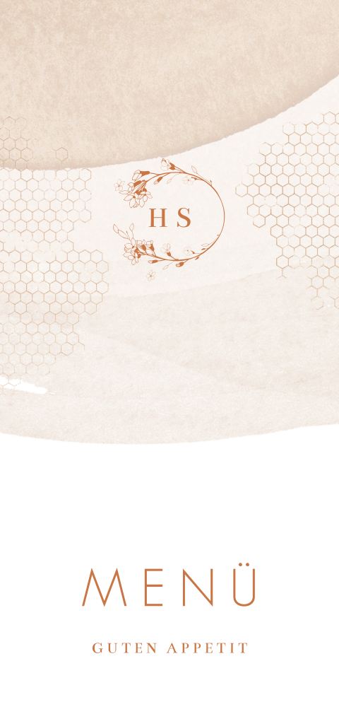 Schickes Hochzeitsmenü mit Initialen im Kreis aus Trockenblumen
