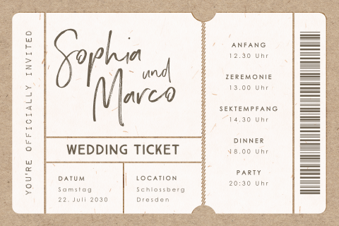 Vintage-Hochzeitseinladung in Ticketform im Kraftlook