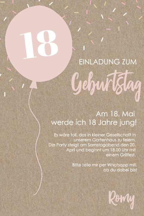 Kraftpapier-Einladung zum 18. Geburtstag mit rosa Luftballon