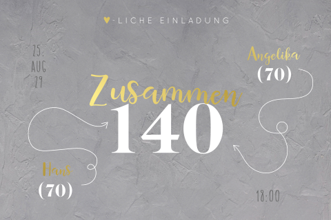 Einladung Doppelgeburtstag 140 Jahre mit zwei Fotos und Goldfolie