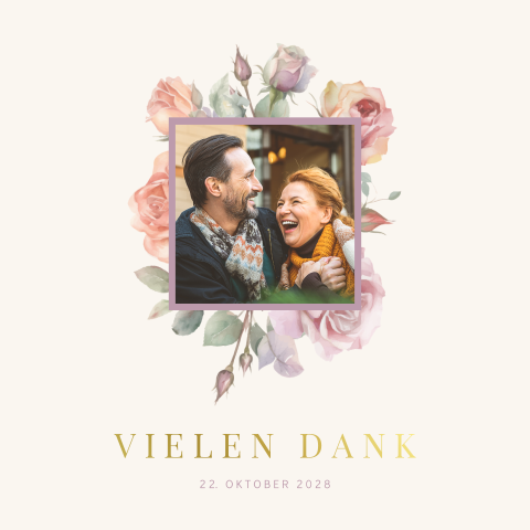 Florale Dankeskarte Hochzeit mit Pastellfarbenen Rosen und Foto