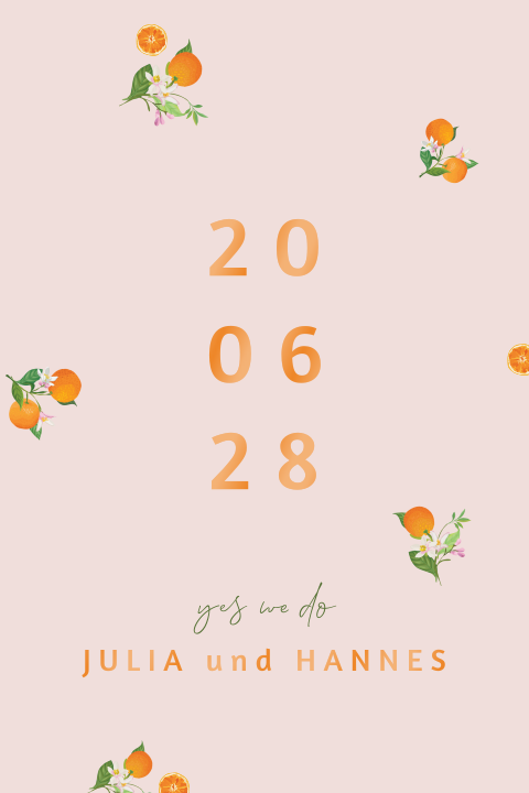 Einladung zur Hochzeit mit Orangen Motiv und rosa Hintergrund