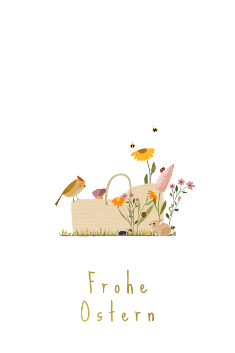 Osterkarte in Bogenform mit Goldfolie, Vögel und Blumen