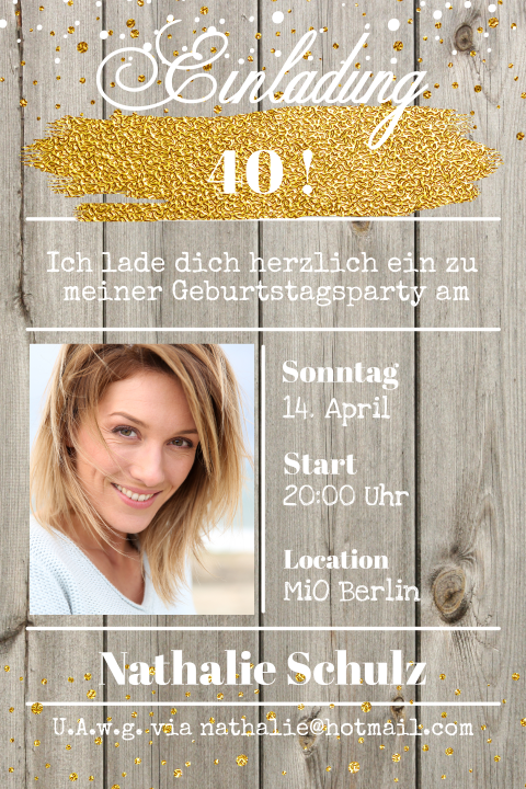 Doppelseitige Geburtstagseinladung im Holzlook mit Foto