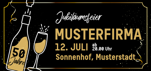 Gold Look Einladung zum Firmenjubiläum in Ticketform mit Sektflashe