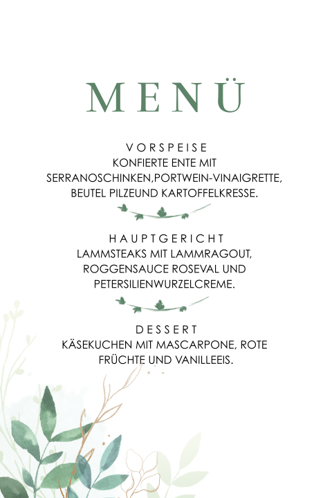 Menükarte mit Aquarellblättern