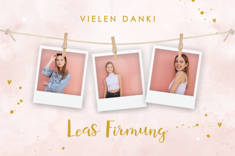 Danksagung zur Firmung in rosa mit goldenen Herzchen