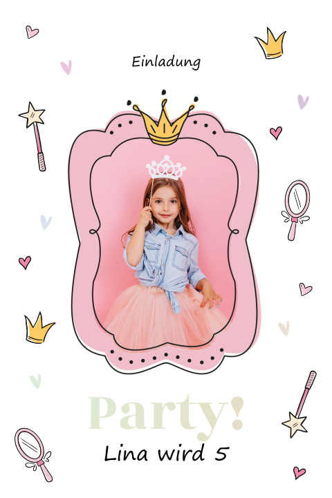 Prinzessinneneinladung zum Kindergeburtstag mit Bild und Kronen