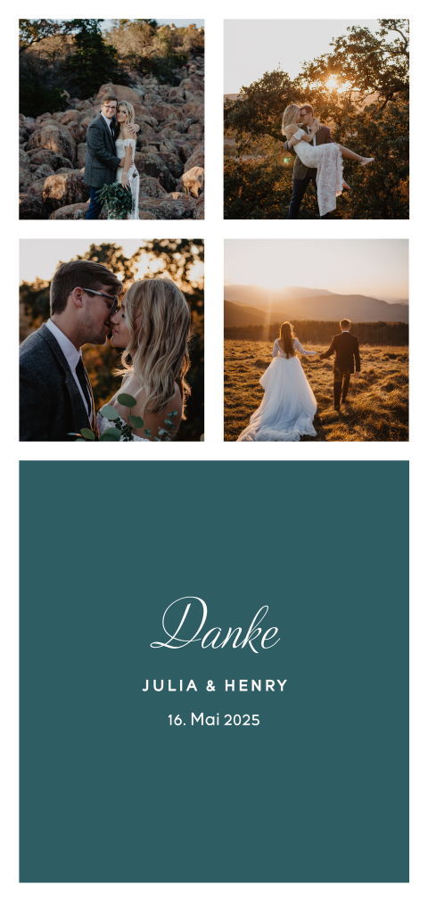 Dankeskarte mit graublauen Farbflächen und Fotos