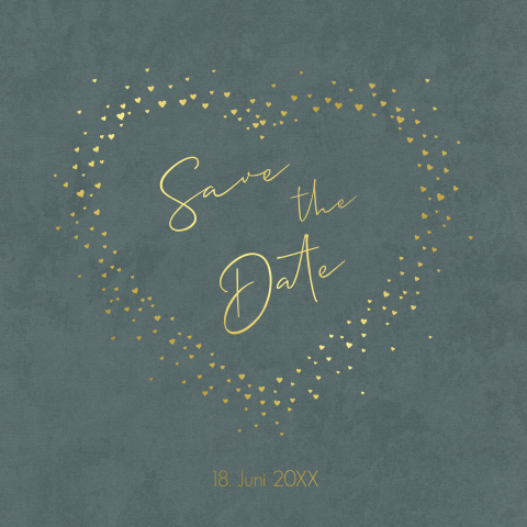Save-the-Date-Karte mit Goldfolie und Herz auf der Vorderseite