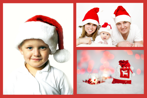 Weihnachtskarte mit rotem Hintergrund und eigener Fotogallerie