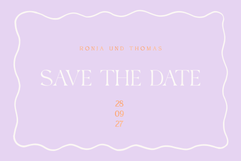 Save-the-Date Karte in Violett mit welligem Rahmen und bunter Schrift