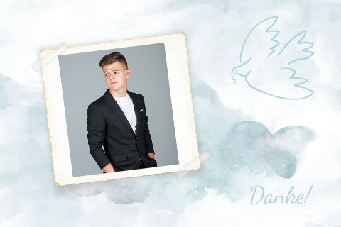 Dankeskarte Firmung mit Foto, Taube und blauem Aquarell-Look