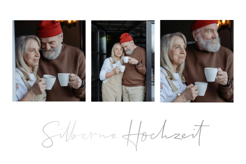 Moderne Einladung zur Silberhochzeit mit drei Fotos und Goldfolie