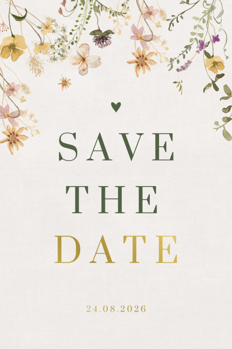Save the Date-Karte mit Blümchen und Goldfolie
