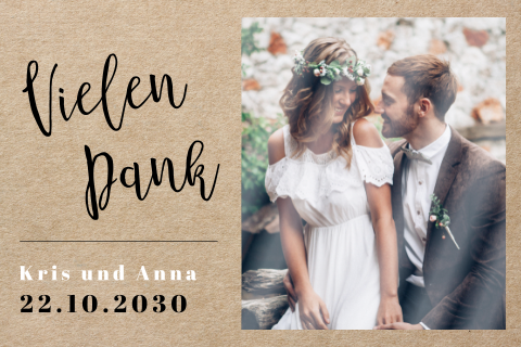Dankeskarte Hochzeit mit Foto, schwarz-weißer Text und Kraftlook