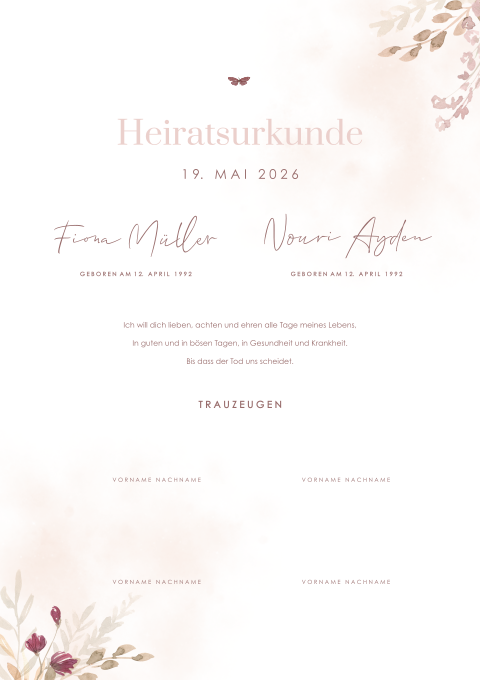 Stilvolle Heiratsurkunde mit Blumen und rosa Wasserfarbe