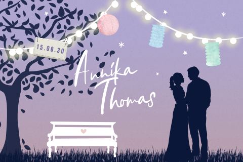 Hochzeitseinladung mit Lichterkette und Bäumen