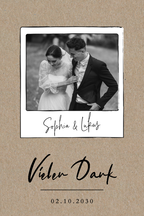 Moderne Danksagungskarte zur Hochzeit mit Polaroidfoto und Bold-Font