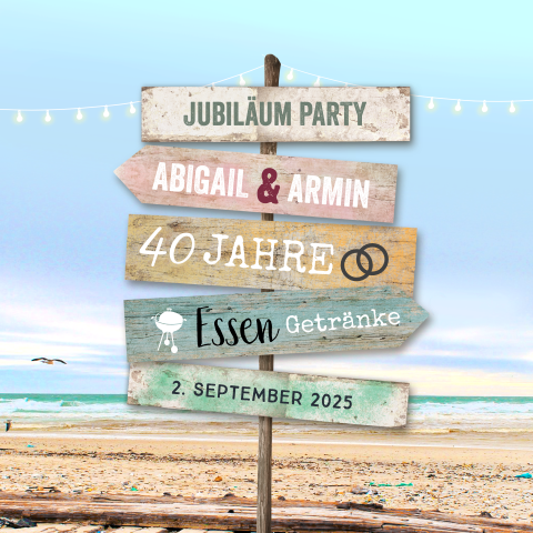 Einladung zum 40. Jahrestag mit Wegweiser auf einem Strandhintergrund