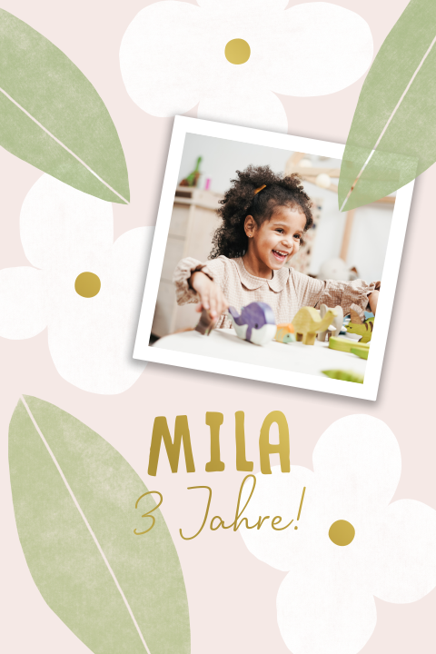 Einladung Kinderparty mit Foto, rosa Blumen und Goldfolie