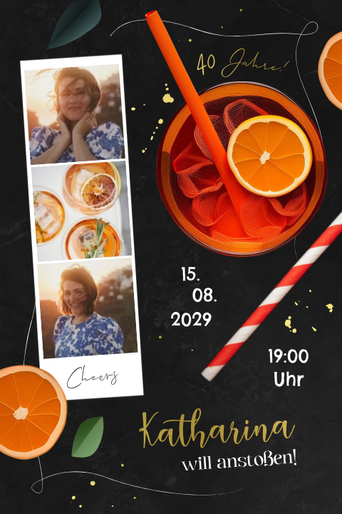 Geburtstageinladung zum 40sten mit Cocktail, Folie und Fotostreifen