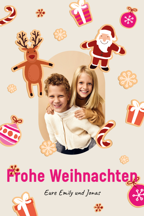 Niedliche Weihnachtskarte mit Rentier, Geschenken und eigenem Bild