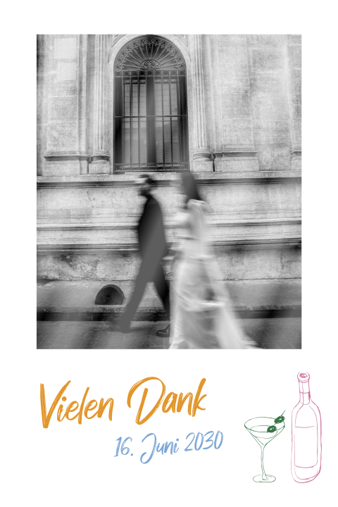 Dankeskarte mit großem Foto und bunten gemalten Zweigen und Getränken