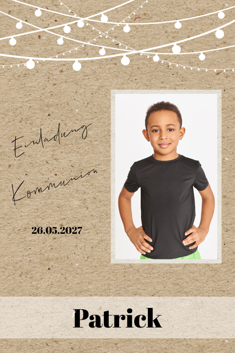 Einladung zur Kommunion im Kraft-Look auf der Vorderseite und Foto