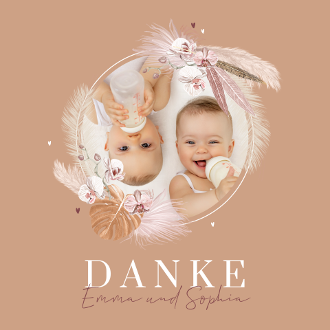 Dankeskarte Zwillingsgeburt mit hübschem Fotorahmen