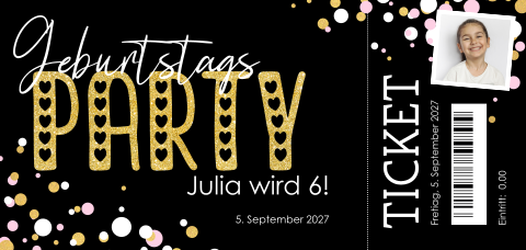 Coole Birthdayparty-Einladung in der Form eines Tickets mit Foto