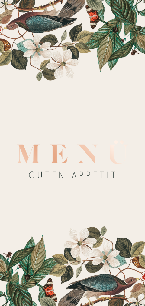 Menükarte zur Hochzeit mit Blumen, Vögeln und Schmetterlingen