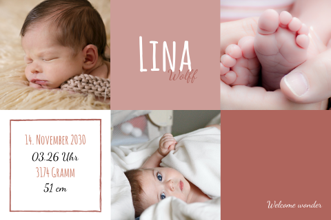 Geburtskarte mit vielen Babyfotos und rosa Farbakzenten