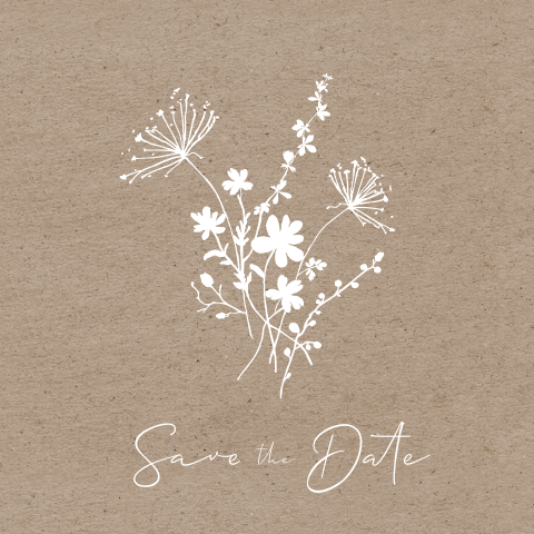 Hübsche Save the Date-Karte mit weissen Blumen und Kraft-Look