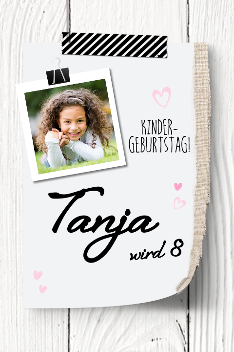 Kindergeburtstagseinladung im coolen Holzlook mit Foto