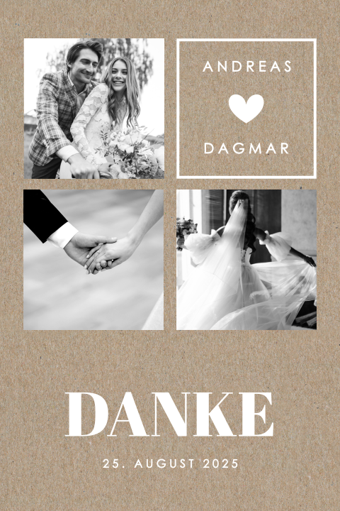 Dankeskarte mit Kraftlook und Fotos, weiße Schrift und Herz
