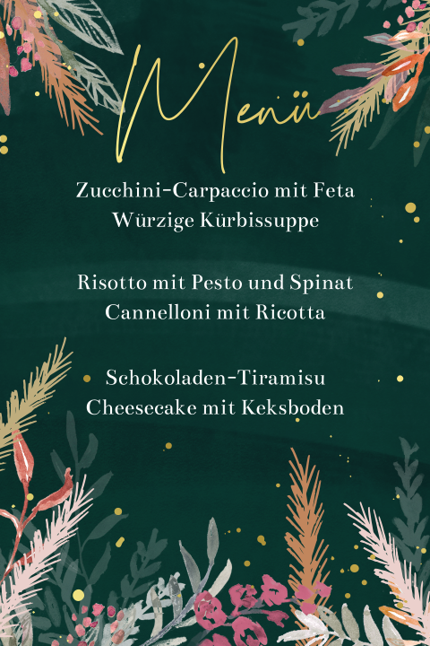 Botanische Weihnachtsmenü-Karte mit Goldfolie