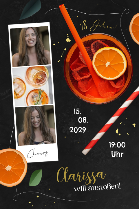 Geburtstageinladung zum 18ten mit Cocktail, Goldfolie und Fotostreifen
