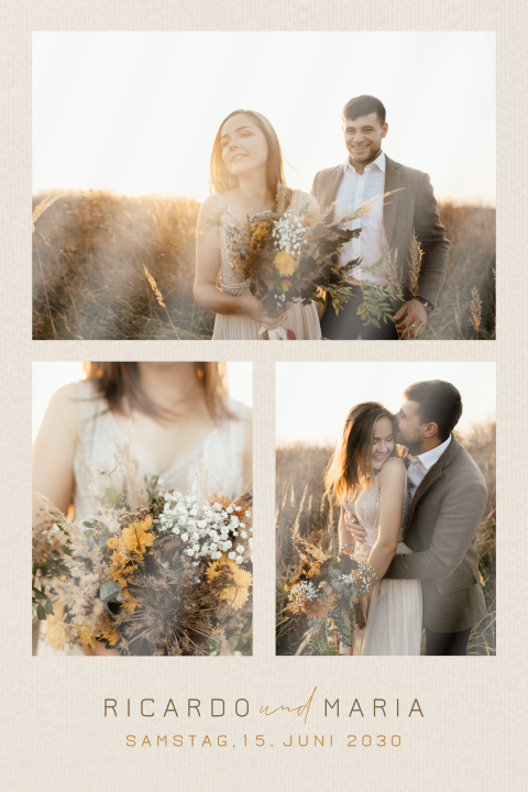 Dankeskarte Hochzeit mit Fotos und sandfarbenem Hintergrund