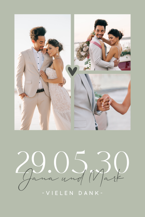 Dankeskarte Hochzeit mit Fotos und salbeigrünem Hintergrund