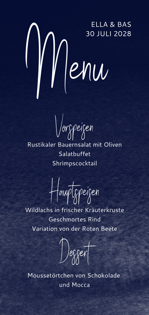 Moderne Menükarte mit tiefblauem Hintergrund