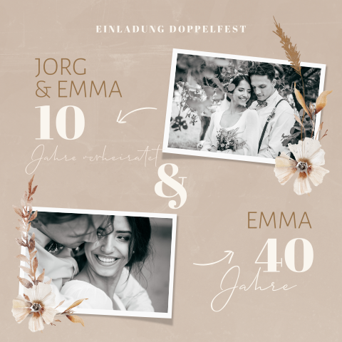Einladungskarte für Doppelparty mit Fotos und Blumen