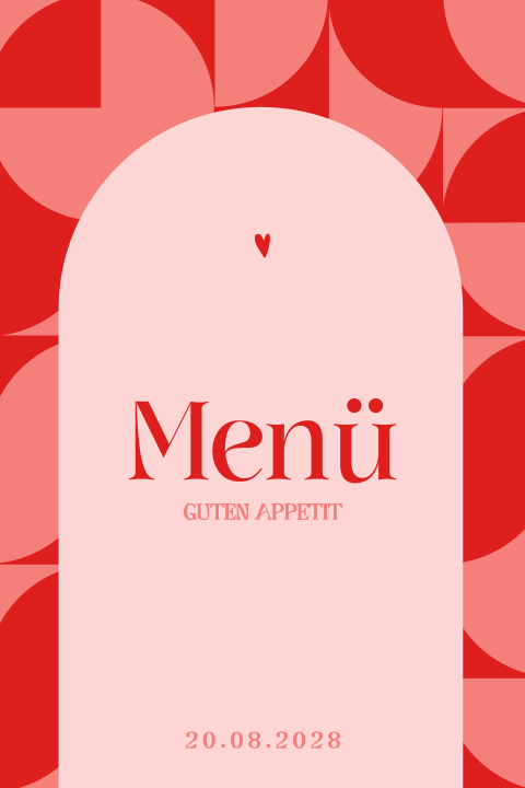 Moderne Menükarte zur Hochzeit mit Herzen und geometrischen Figuren