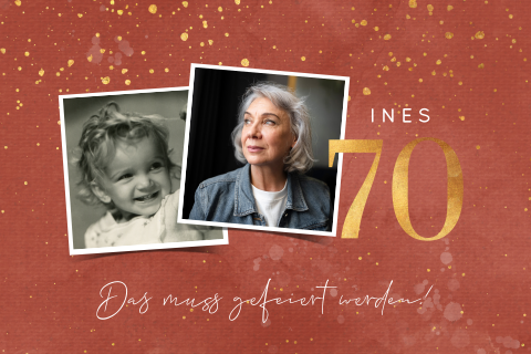 Geburtstagseinladung mit goldenen Sprenkeln und Foto 70 Jahre