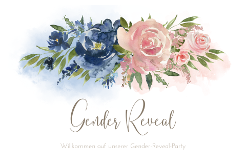 Gender Reveal Einladungskarte mit blauen und rosaBlumen