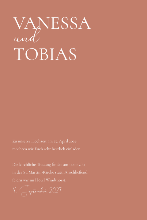 Schlichte doppelseitige Hochzeitseinladung in Rostfarbe