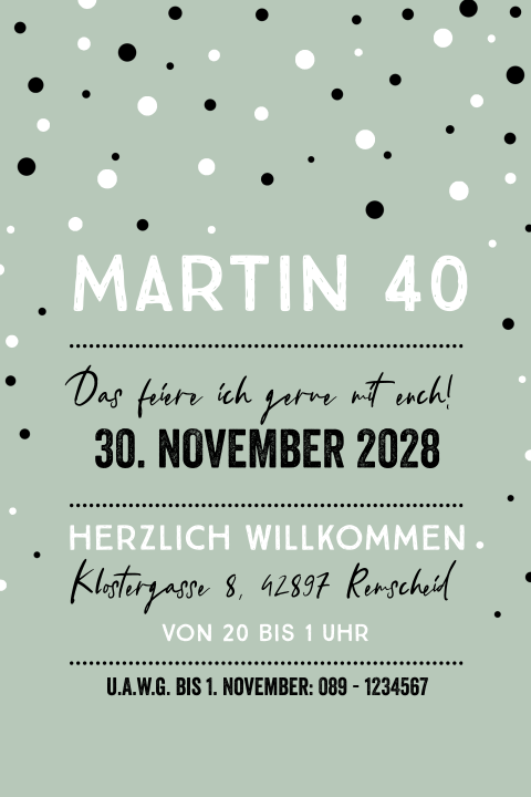 Elegant schlichte Einladung zum 40. in Minzgrün, Schwarz und Weiß