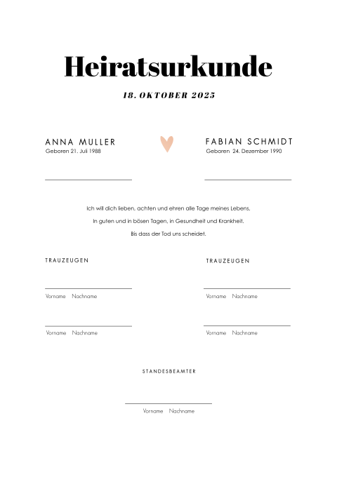 Moderne Heiratsurkunde mit Herz in Folienveredelung