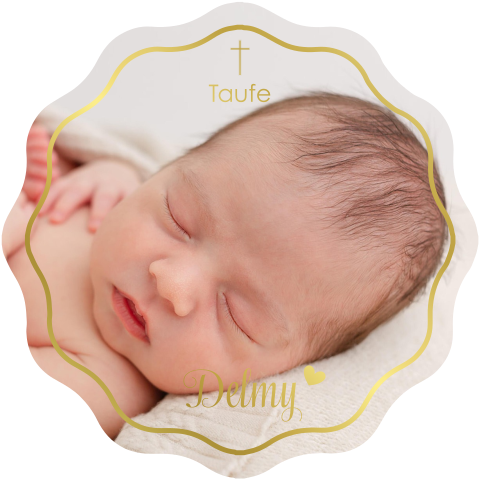 Hübsche unisex Taufkarte in gestanzter Form mit Foto und Goldfolie